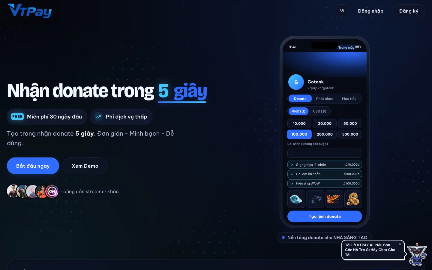 Trang chủ VT Pay – nền tảng nhận donate qua QR cho streamer